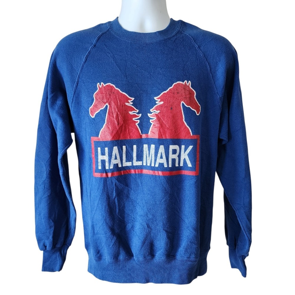 Vintage Hallmark Sweatshirt Mens Small Blue Graphic USA 80s 90s Raglan Pullover